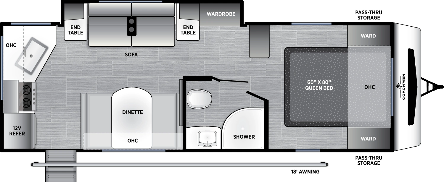 The Freedom Express Select 247SE floorplan has one entry and one slide out. Exterior features include: fiberglass exterior and 18' awning. Interiors features include: rear kitchen and front bedroom.